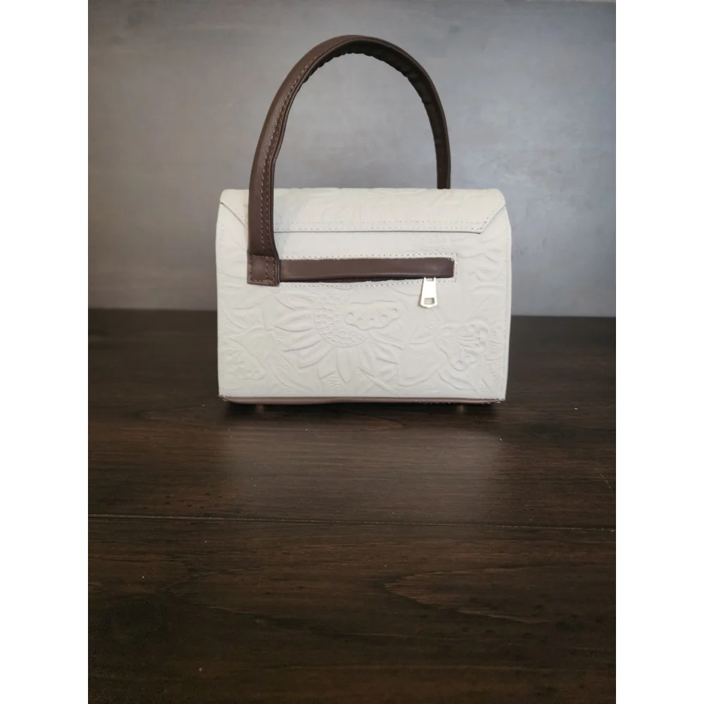 Off White Dark Brown Sunflower Embossed Tooled Artisan LEATHER Crossbody Purse